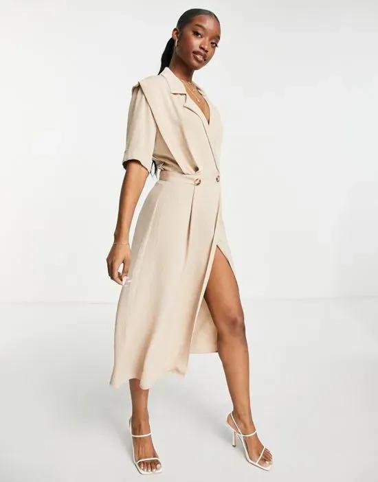 wrap tux midi dress with shoulder pads in stone
