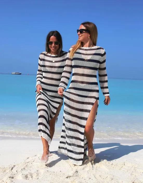 x Collyer Twins striped knit column dress in white and navy