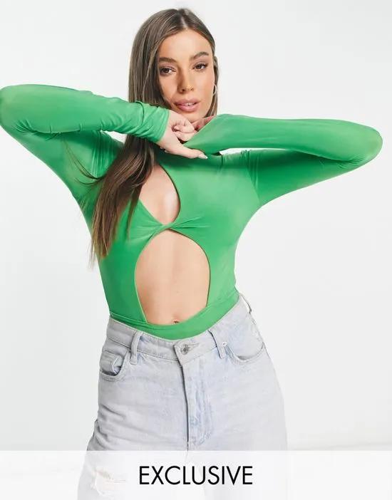 x Liberty exclusive slash neck cut out waist bodysuit in green