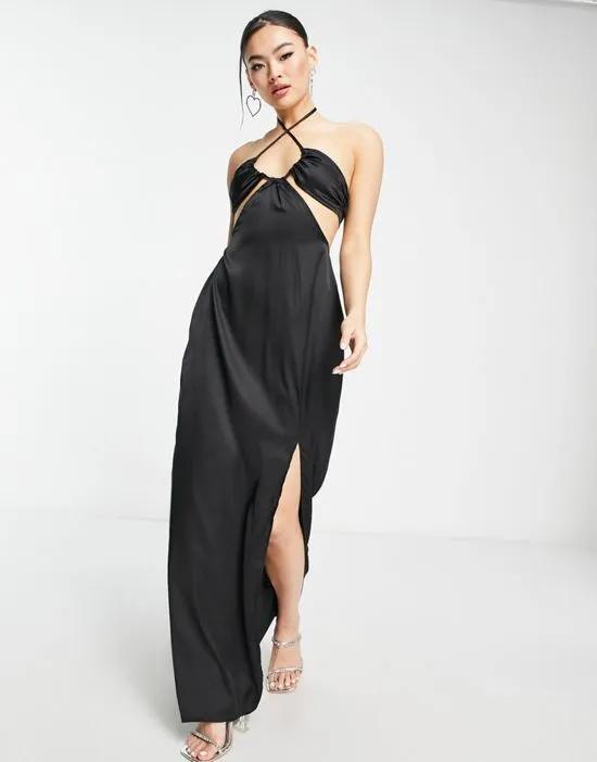 x Yasmin Devonport Exclusive satin cut-out ruched bust detail maxi dress in black
