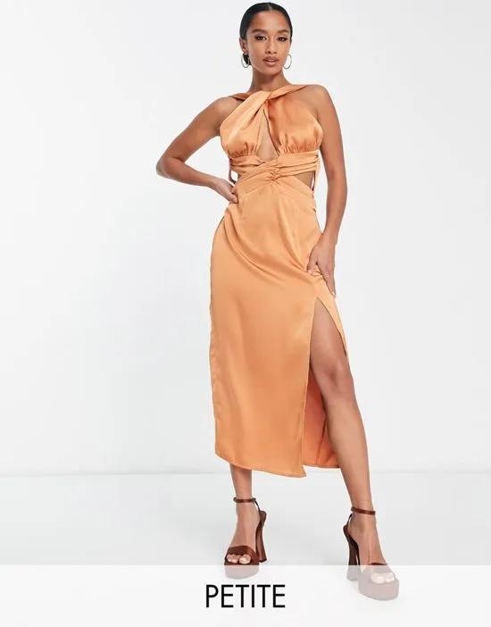 x Yasmin Devonport exclusive twist halterneck cut out midi dress in tan
