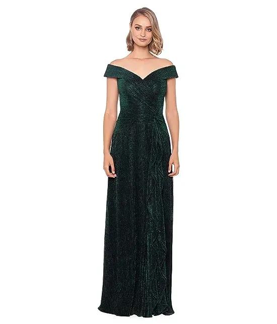 XSCAPE Off-the-Shoulder Pleated Metallic Gown