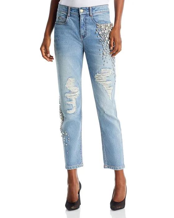 Ylang High Rise Embellished Ankle Jeans in Distressed Light Wash