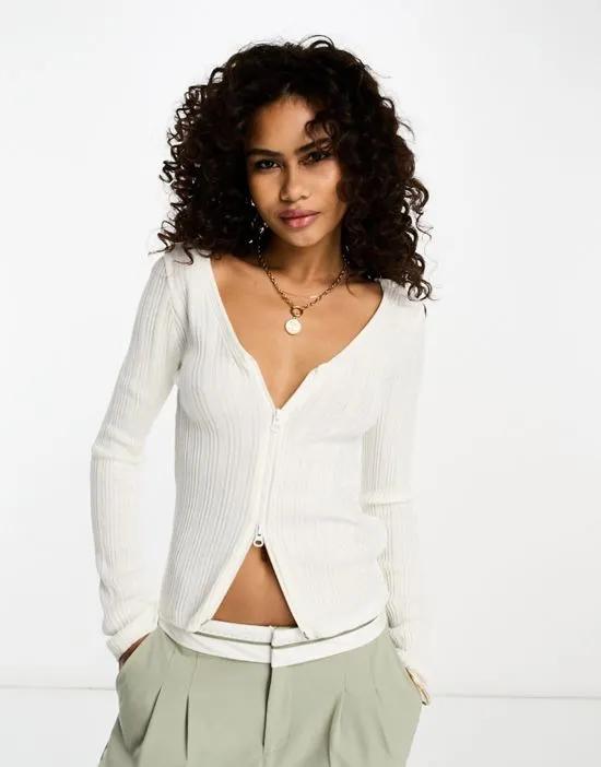 zip through rib cardigan in cream
