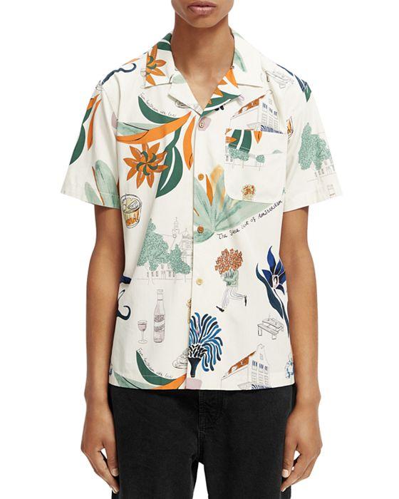 Abstract Floral Print Relaxed Fit Button Down Camp Shirt 