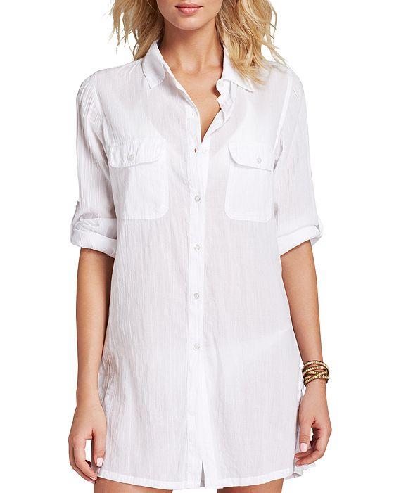 Crushed Cotton Camp Shirt Swim Cover-Up