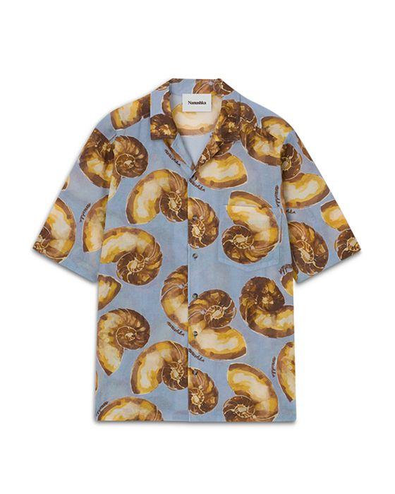 Bodil Cotton Nautilus Print Loose Fit Button Down Camp Shirt 