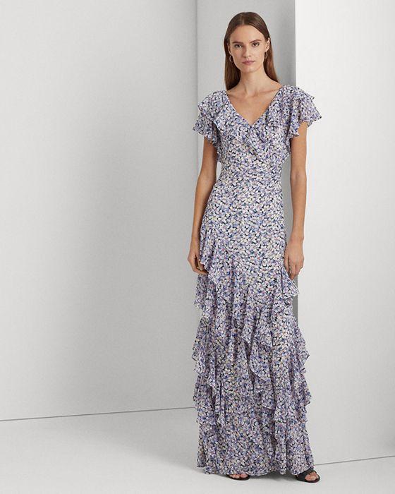 Floral Print V Neck Ruffle Trim Gown 