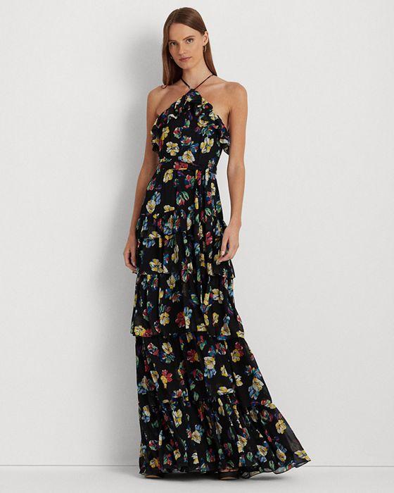 Floral Print Ruffle Halter Gown 