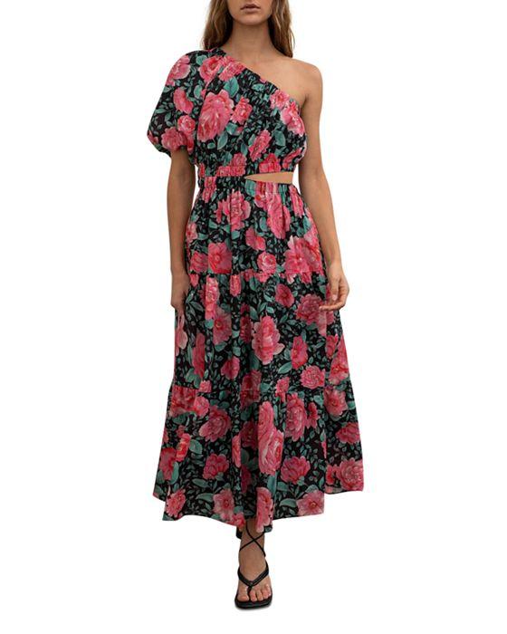 One Shoulder Floral Print Cutout Midi Dress  