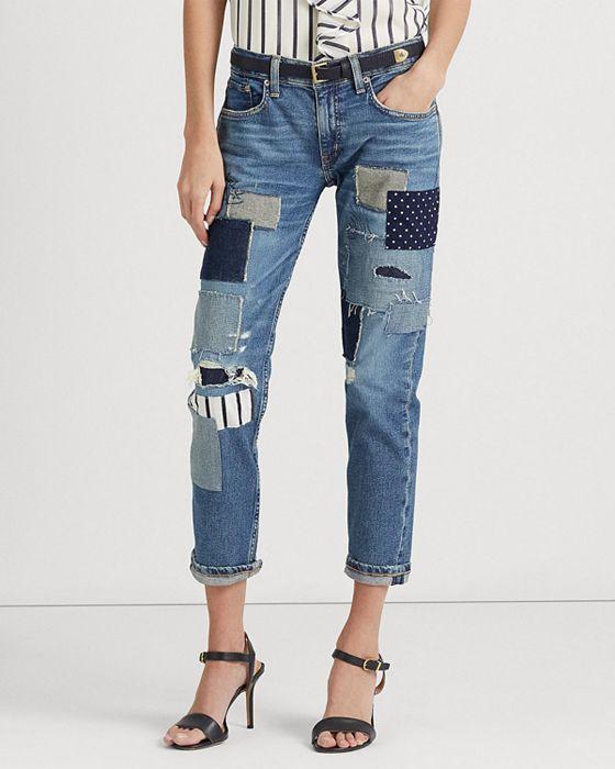  Cotton Blend Patchwork Mid Rise Tapered Ankle Jeans in Tinted Sapphire Wash