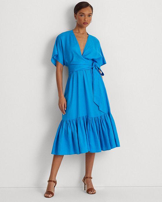 Linen Wrap Style Midi Dress