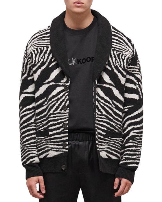 Wool Blend Zebra Print Straight Fit Shawl Collar Cardigan