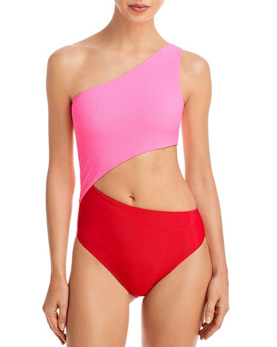Celine Colorblock Ribbed One Shoulder One Piece Swimsuit