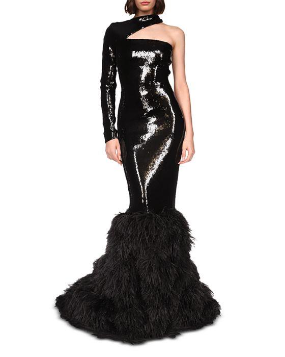 One Shoulder Sequined Feather Trim Gown  