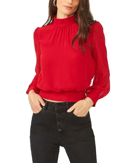 1.STATE Women's Long Sleeve Cropped Mock Neck Blouse