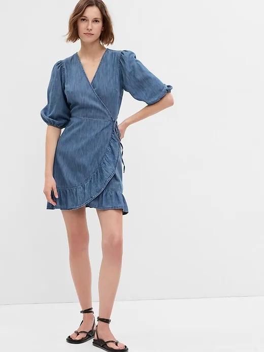 100% Organic Cotton Denim Mini Wrap Dress with Washwell