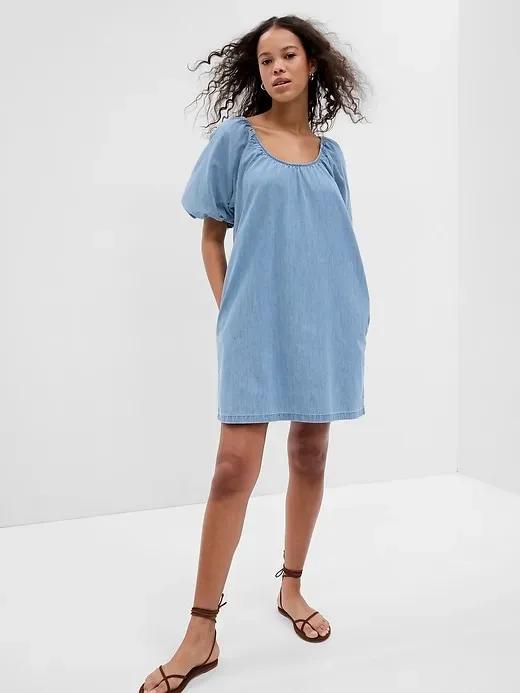 100% Organic Cotton Denim Puff Sleeve Mini Dress with Washwell