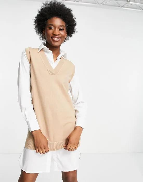 2 in 1 knitted shirt dress in camel