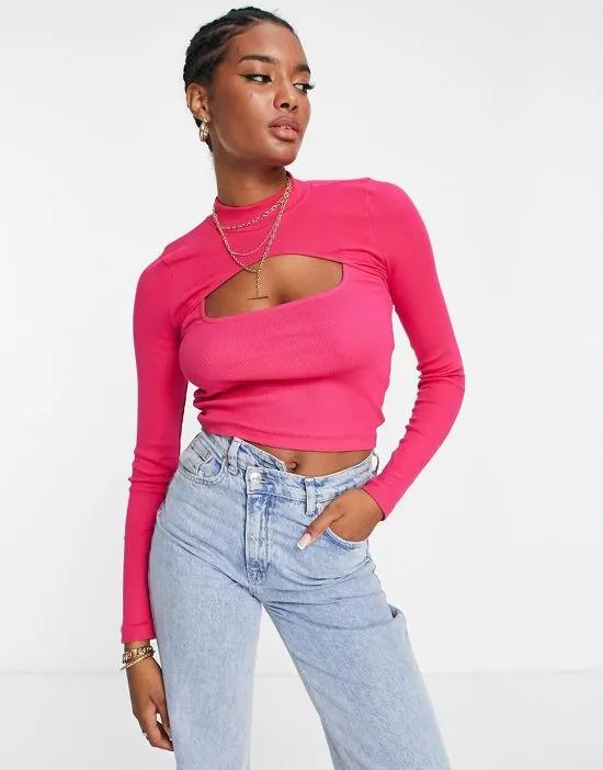 2 in 1 long sleeve rib top with cut out in bright pink