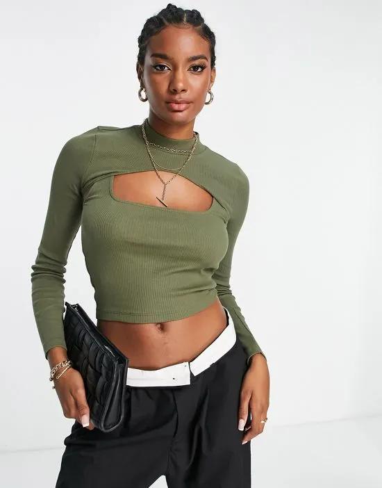 2 in 1 long sleeve rib top with cut out in olive