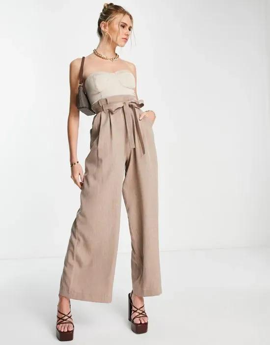 2 in 1 satin bust wide leg jumpsuit in stone