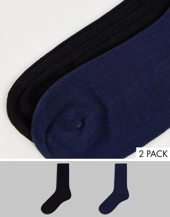 2 pack bamboo plain and rib socks in black and blue