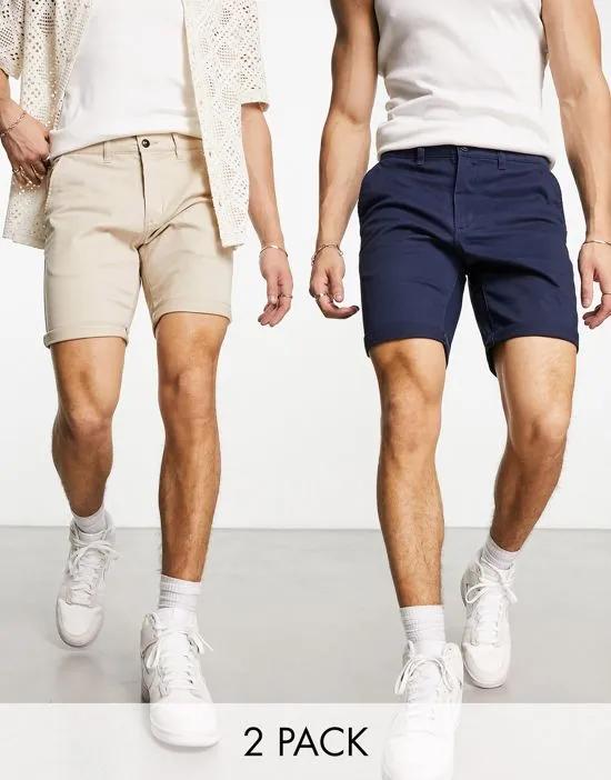2 pack chino shorts in navy and tan