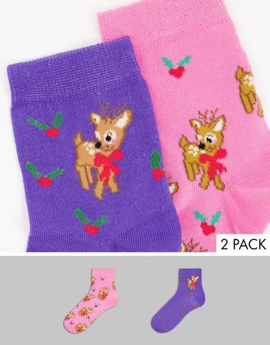 2 pack Christmas ankle socks in deer print in multi