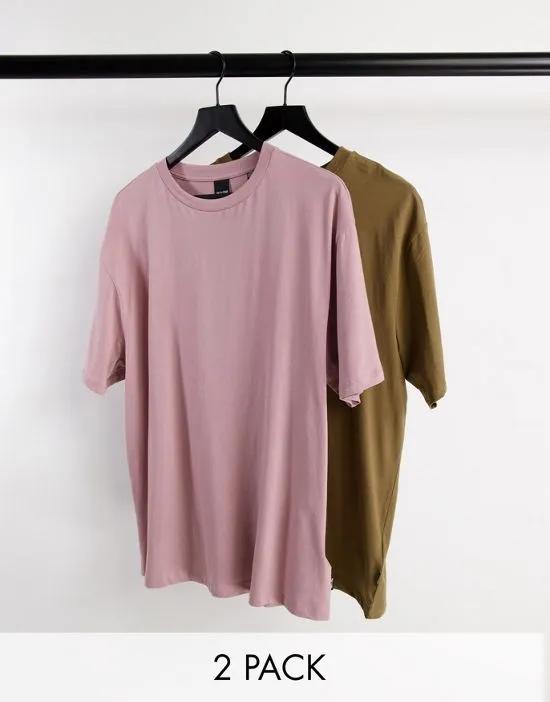 2 pack essentials relaxed fit t-shirt in mauve & brown
