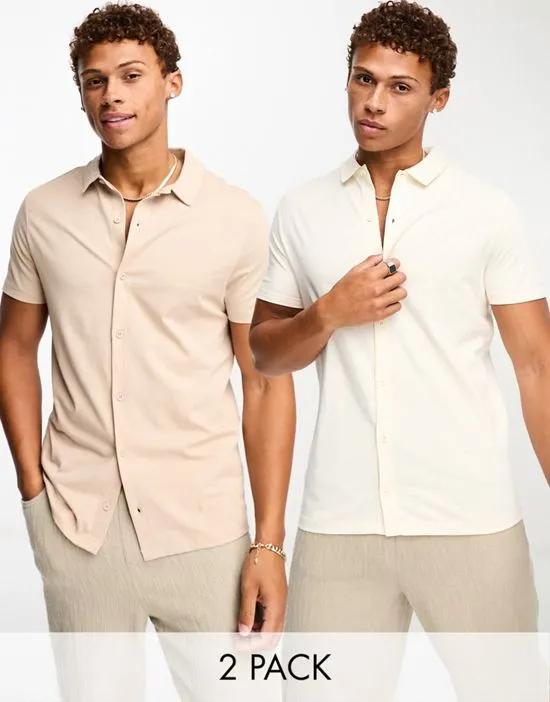 2 pack jersey shirt in ecru and brown