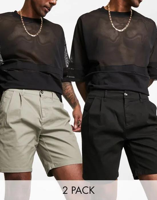 2 pack pleated chino shorts in black and khaki save