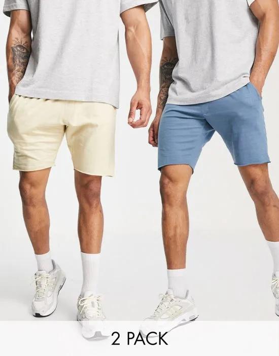 2 Pack raw edge jersey shorts in blue & stone