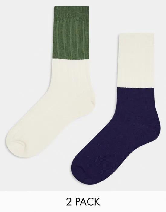 2 pack ribbed socks in navy and green color block