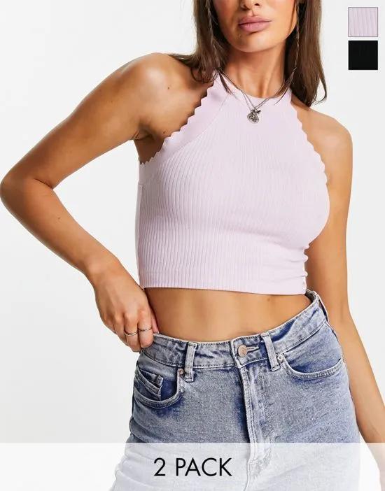 2 pack scallop edge crop top in lilac and black