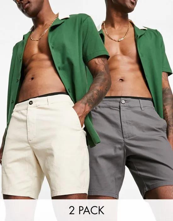 2 pack skinny chino shorts in beige and charcoal save