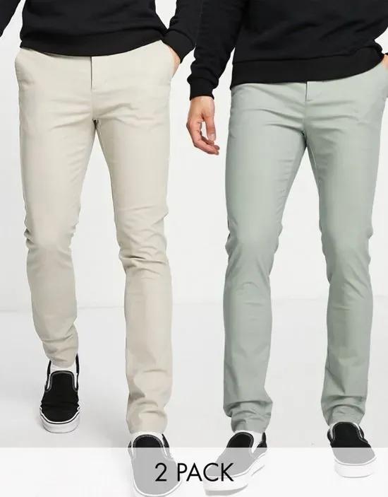 2-pack skinny chinos in sage green and light beige