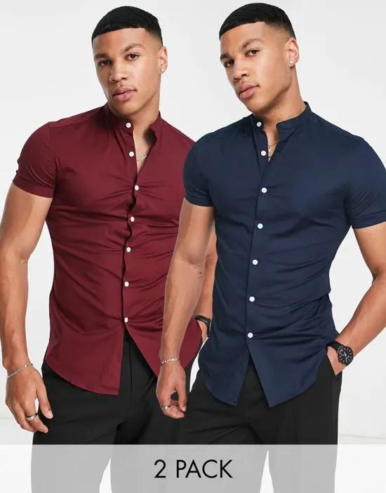 2-pack skinny shirts with grandad collar in navy/burgundy