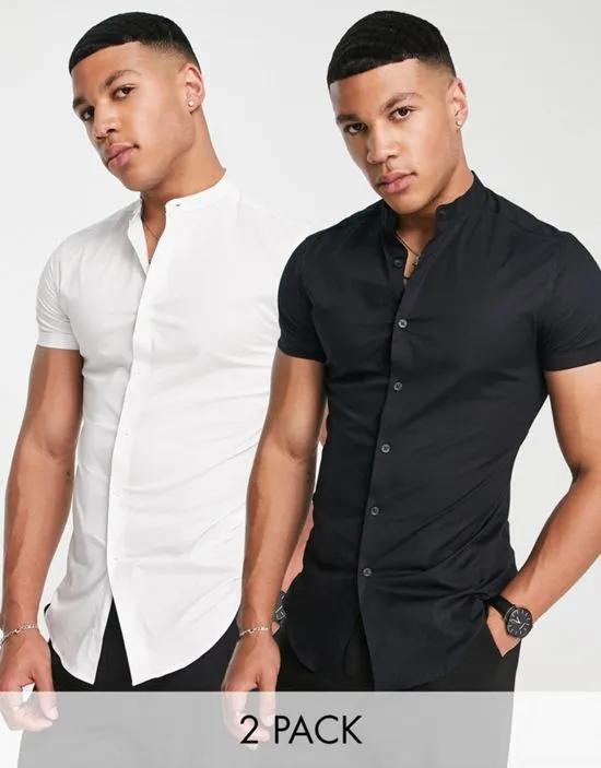 2-pack skinny shirts with grandad collar in white/black
