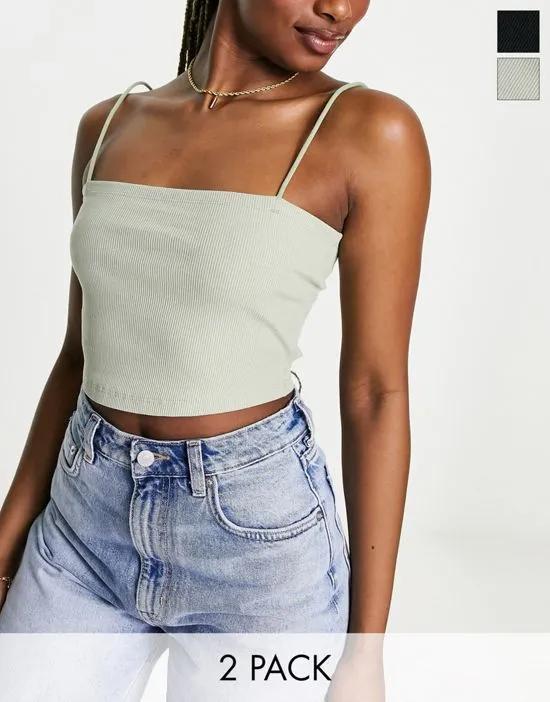 2 pack skinny strap cropped cami in black and sage