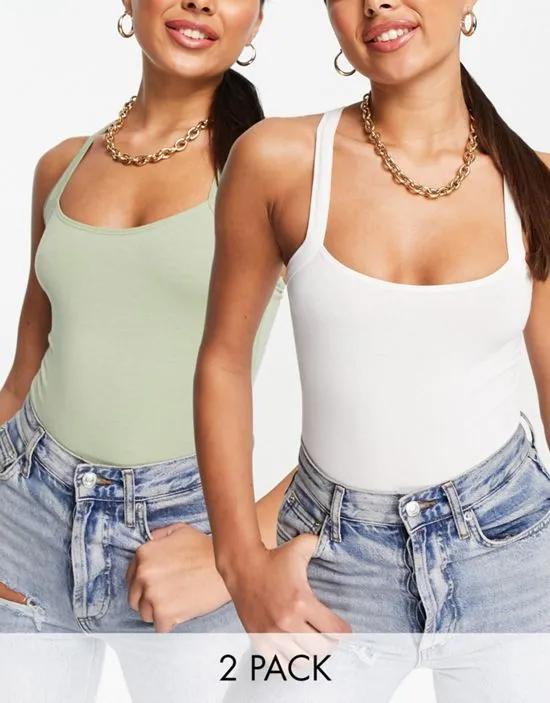 2-pack sleeveless cross back bodysuits in white and sage