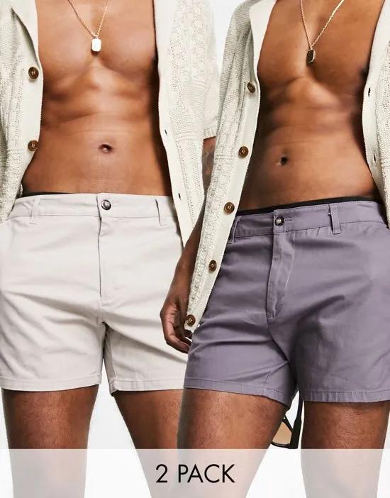2 pack slim chino shorts in shorter length in stone and charcoal save
