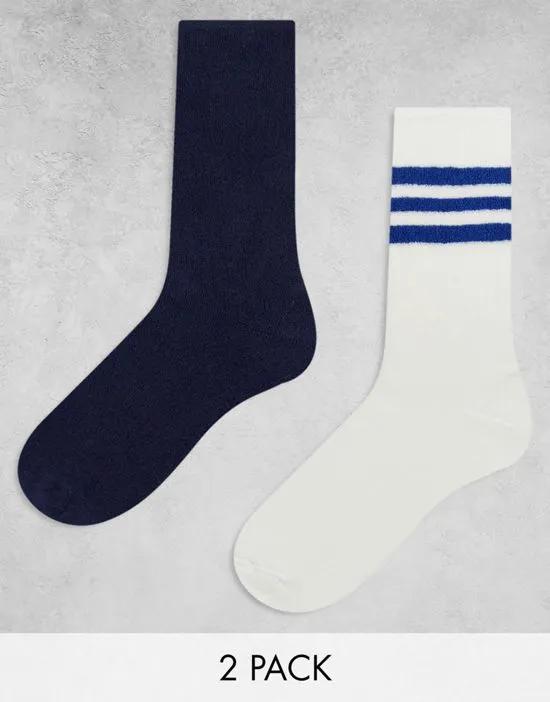 2 pack sock in towelling with navy stripe