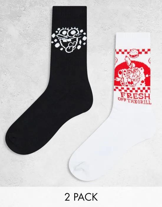 2 pack sports socks in black and white with SpongeBob design