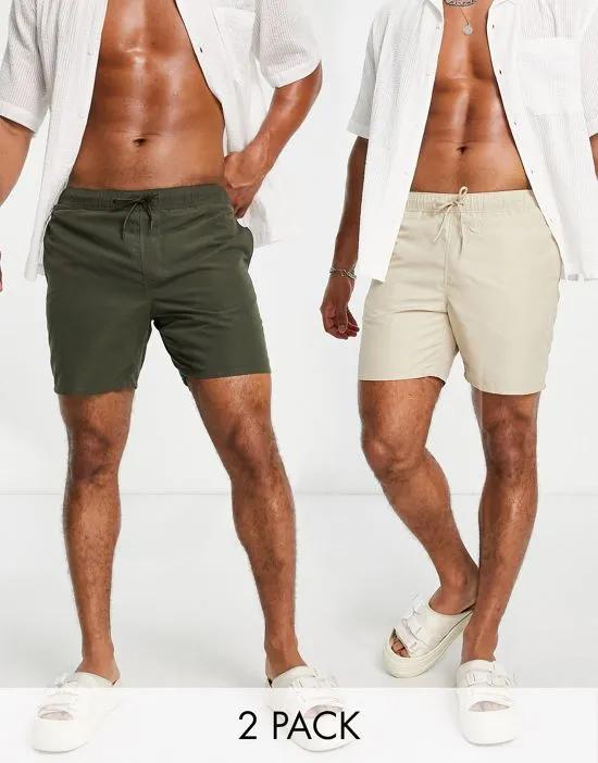 2 pack swim shorts in mid length in khaki/stone SAVE