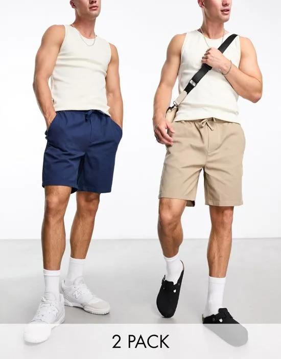 2 pack twill shorts in navy & beige