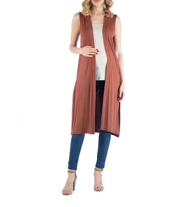 24seven Comfort Apparel Sleeveless Long Maternity Cardigan with Side Slit