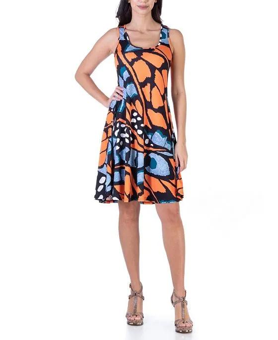 24seven Comfort Apparel Women's Butterfly Print Sleeveless Knee Length Tank Swing Dress