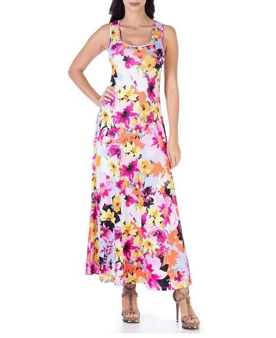 24seven Comfort Apparel Women's Floral Sleeveless Loose Long Casual Maxi Dress