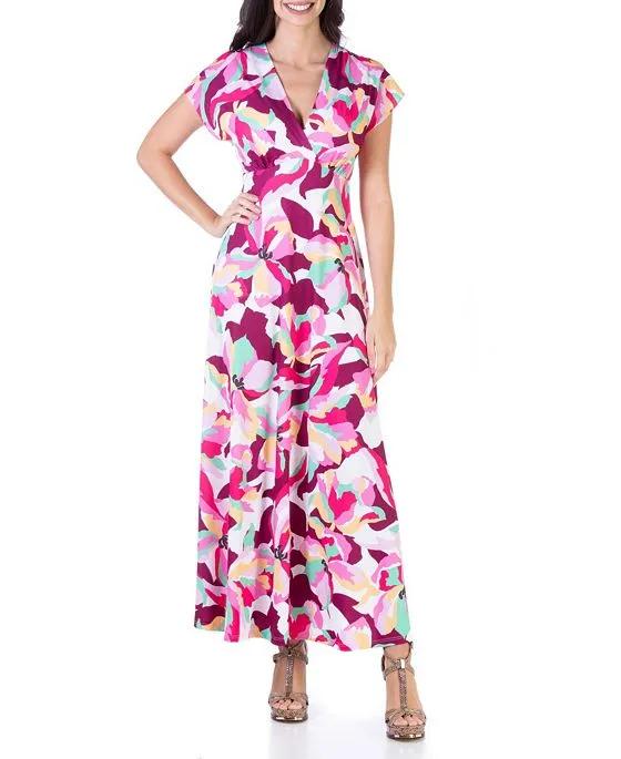 24seven Comfort Apparel Women's Floral V-Neck Cap Sleeve Flowy Empire Waist Maxi Dress